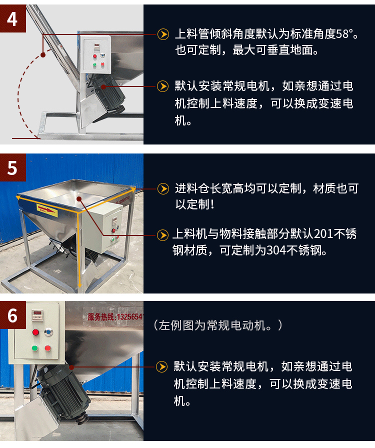 不銹鋼螺旋輸送采用304/316L不銹鋼材質(zhì)，使用變電機，可滿足客戶的多樣化需求